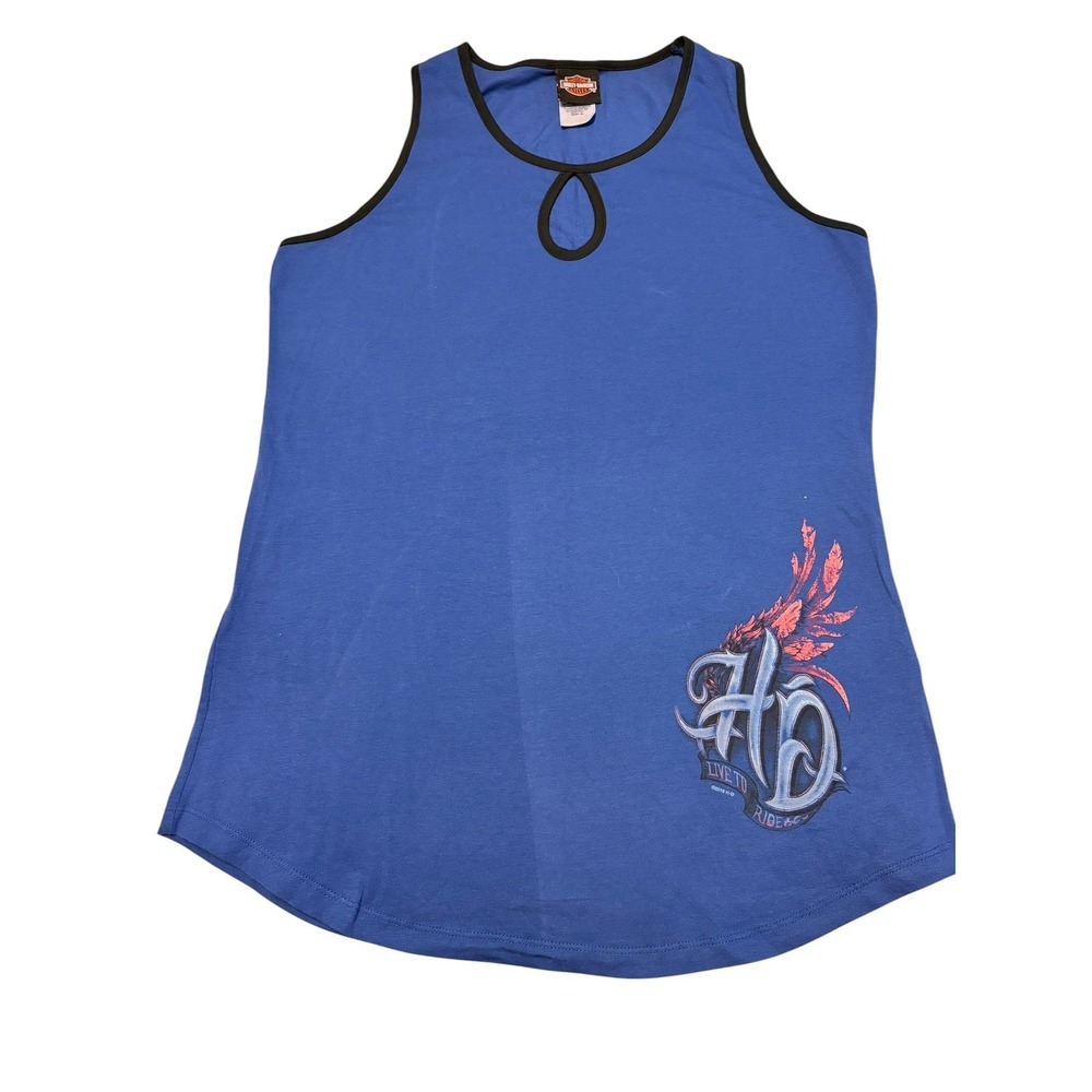 Harley Davidson Tank Top Women's XL Blue & Pink Beach House NC Stretch Cotton